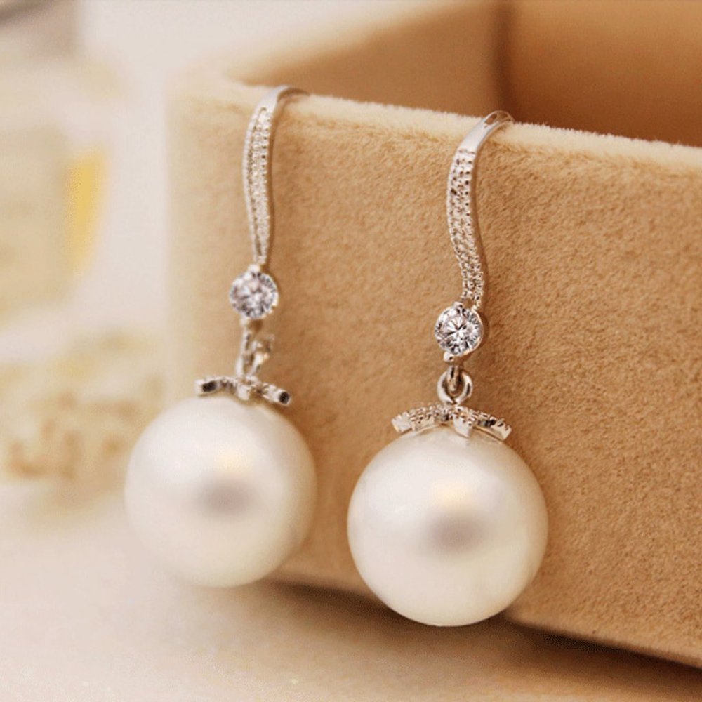 NEW Silver Round Diamond Pearl Drop Hook Earrings - Picture 3 of 5